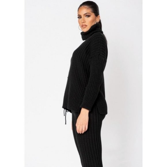 Black Knitted Long Sleeve Turtle Neck Sweater Top and Leggings Two Piece Set - Picture 5 of 8